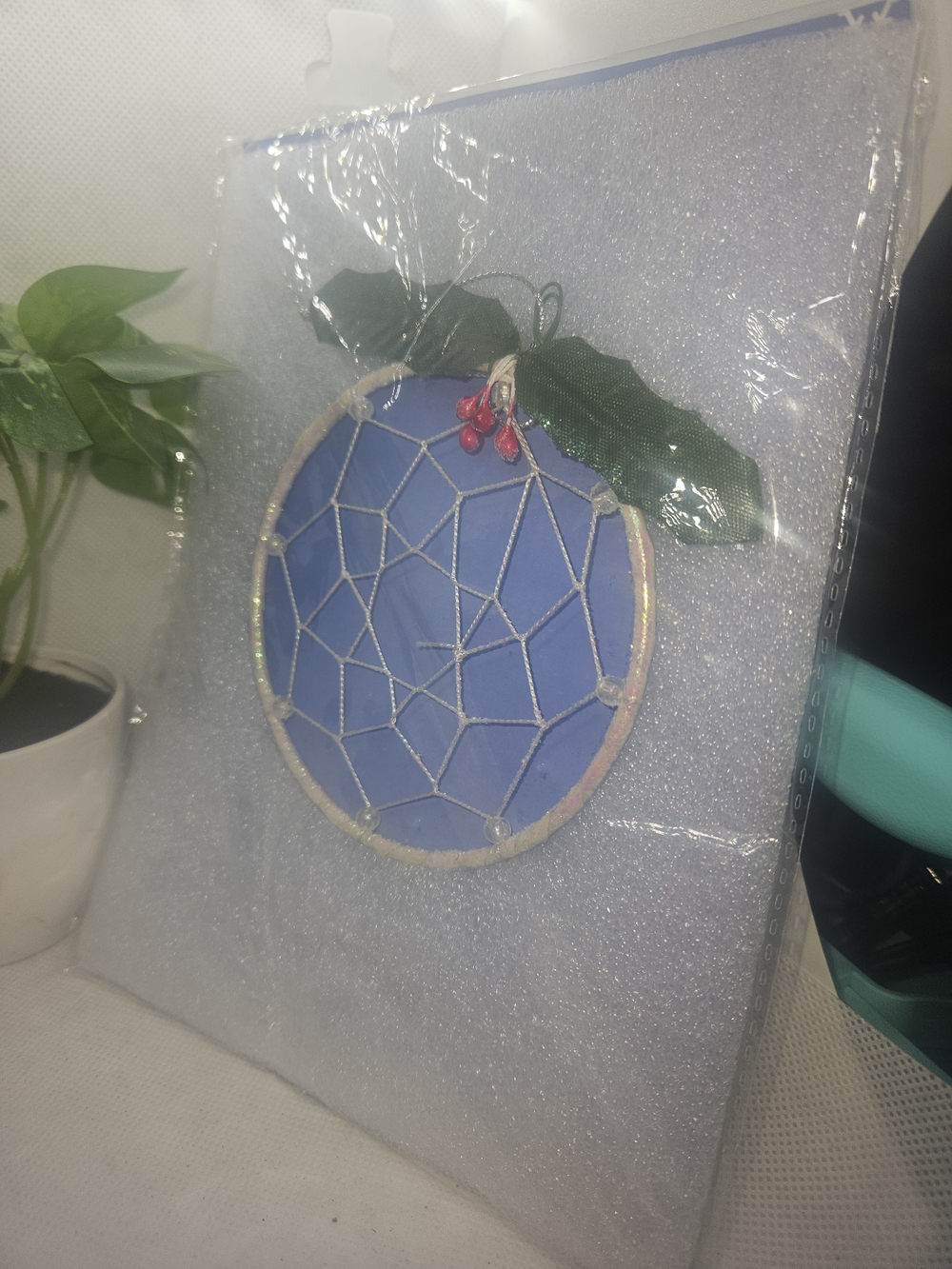 Blue Dreamcatcher Wall Hanging with Green Leaf Accents - Holiday Decor
